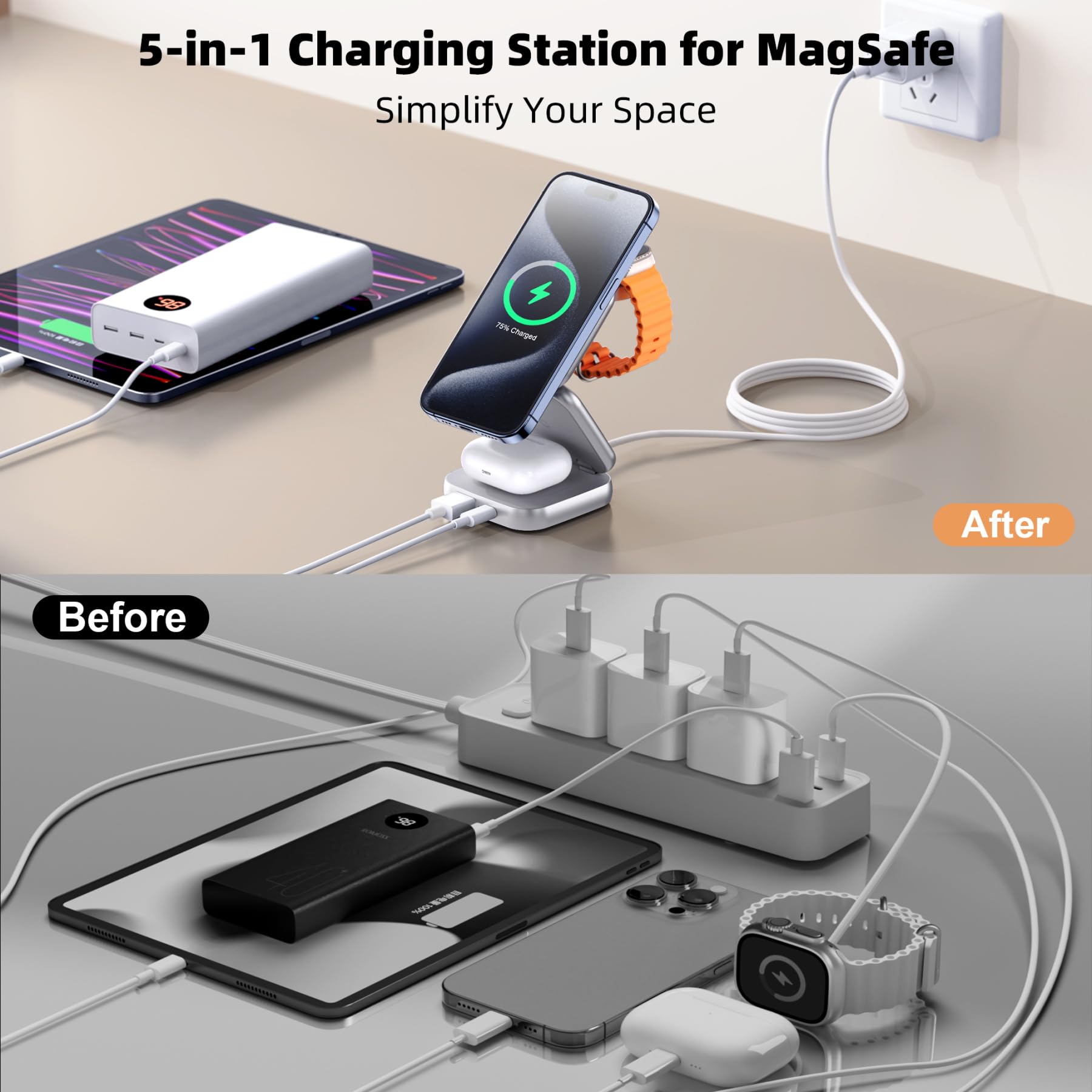 W7 Flip 5-in-1 Wireless Charger for Magsafe, Portable Charging Station, with 35W Adapter - Sliver