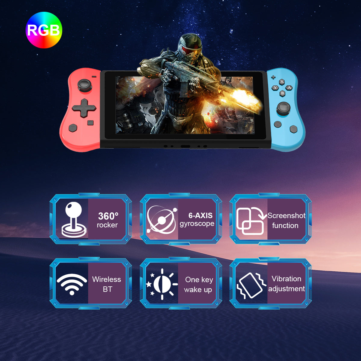 NEYECAM Wireless Bluetooth Controller for Nintendo Switch with RGB Light Dual Vibration and Motion Control