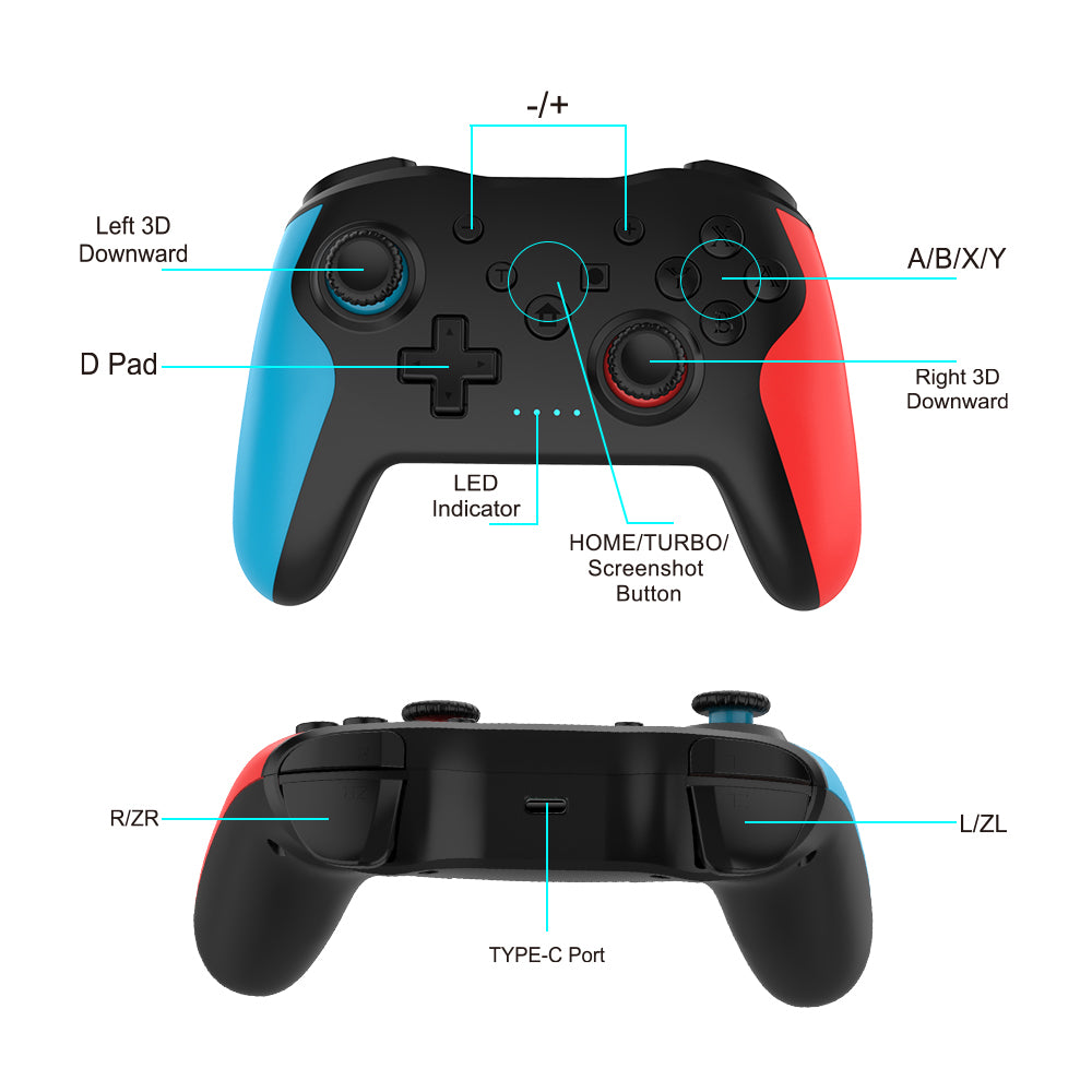 NEYECAM Bluetooth 4.0 Wireless Game Controller for Nintendo Switch / PC / Android – Turbo, Vibration, 6-Axis Gyro, Type-C Charging