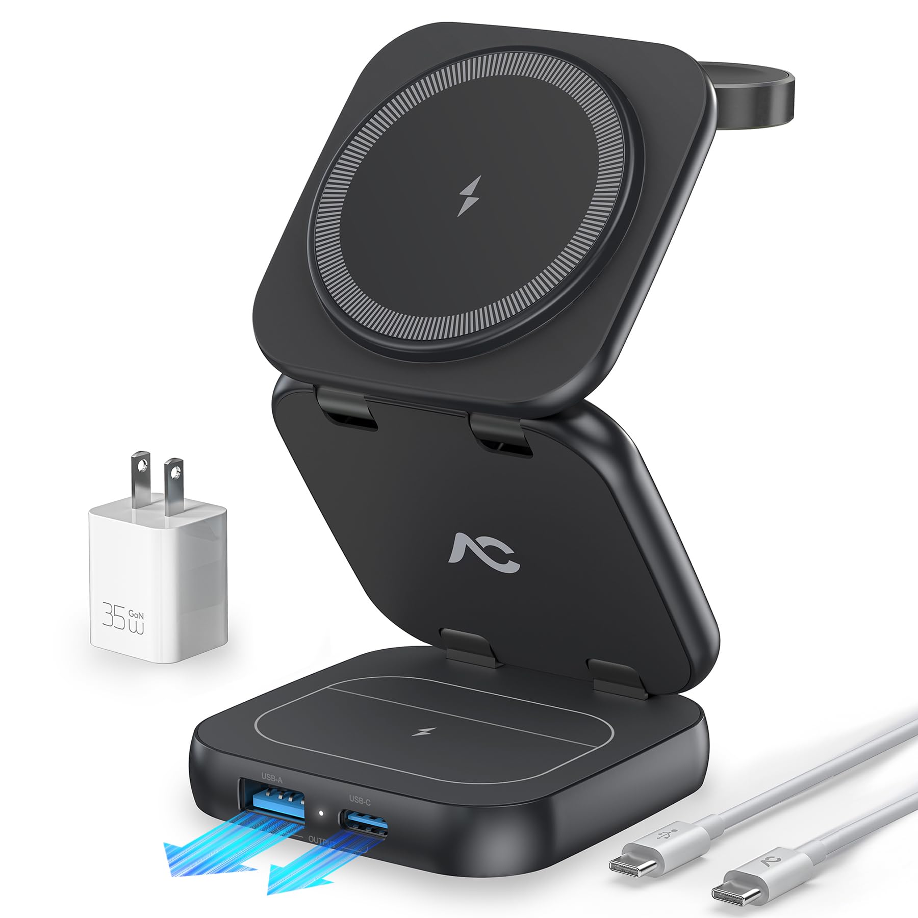 W7 Flip 5-in-1 Wireless Charger for Magsafe, Portable Charging Station, with 35W Adapter - Black