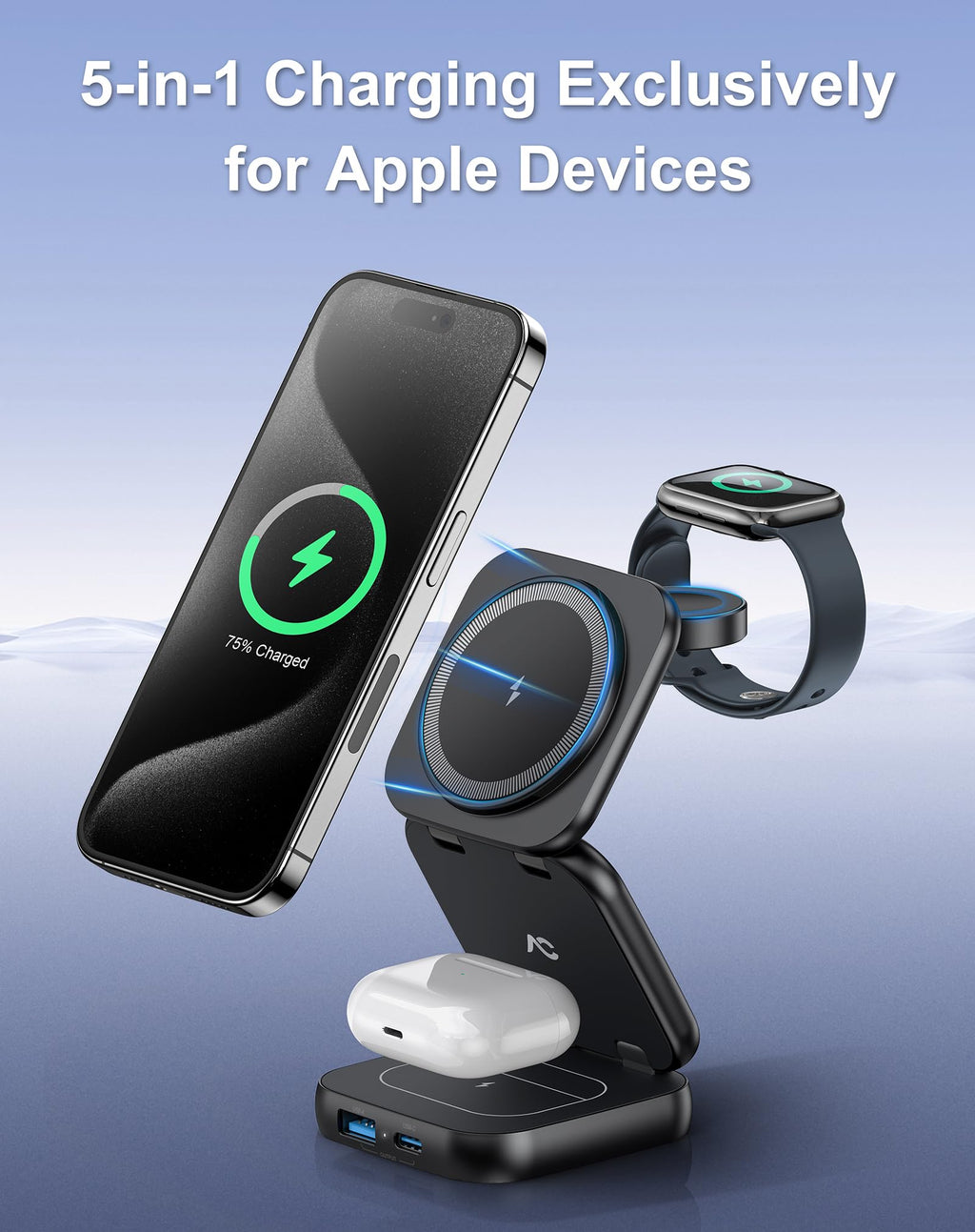 W7 Flip 5-in-1 Wireless Charger for Magsafe, Portable Charging Station, with 35W Adapter - Black