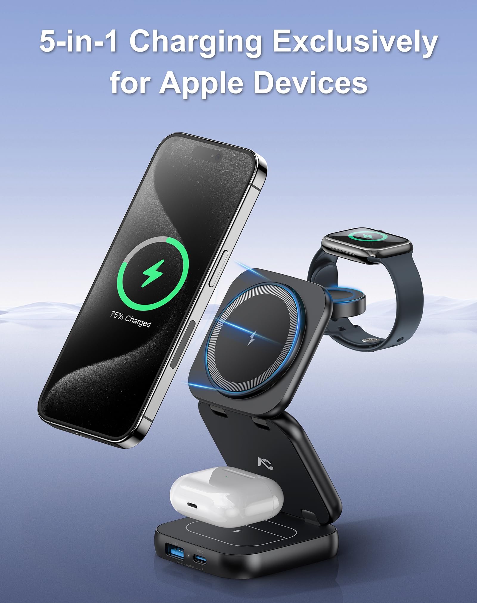 W7 Flip 5-in-1 Wireless Charger for Magsafe, Portable Charging Station, with 35W Adapter - Black