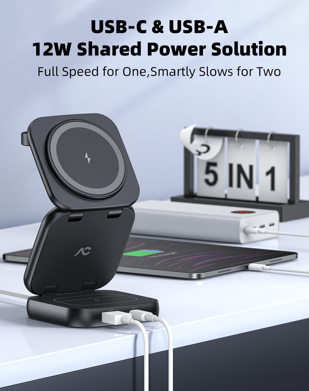 W7 Flip 5-in-1 Wireless Charger for Magsafe, Portable Charging Station, with 35W Adapter - Black