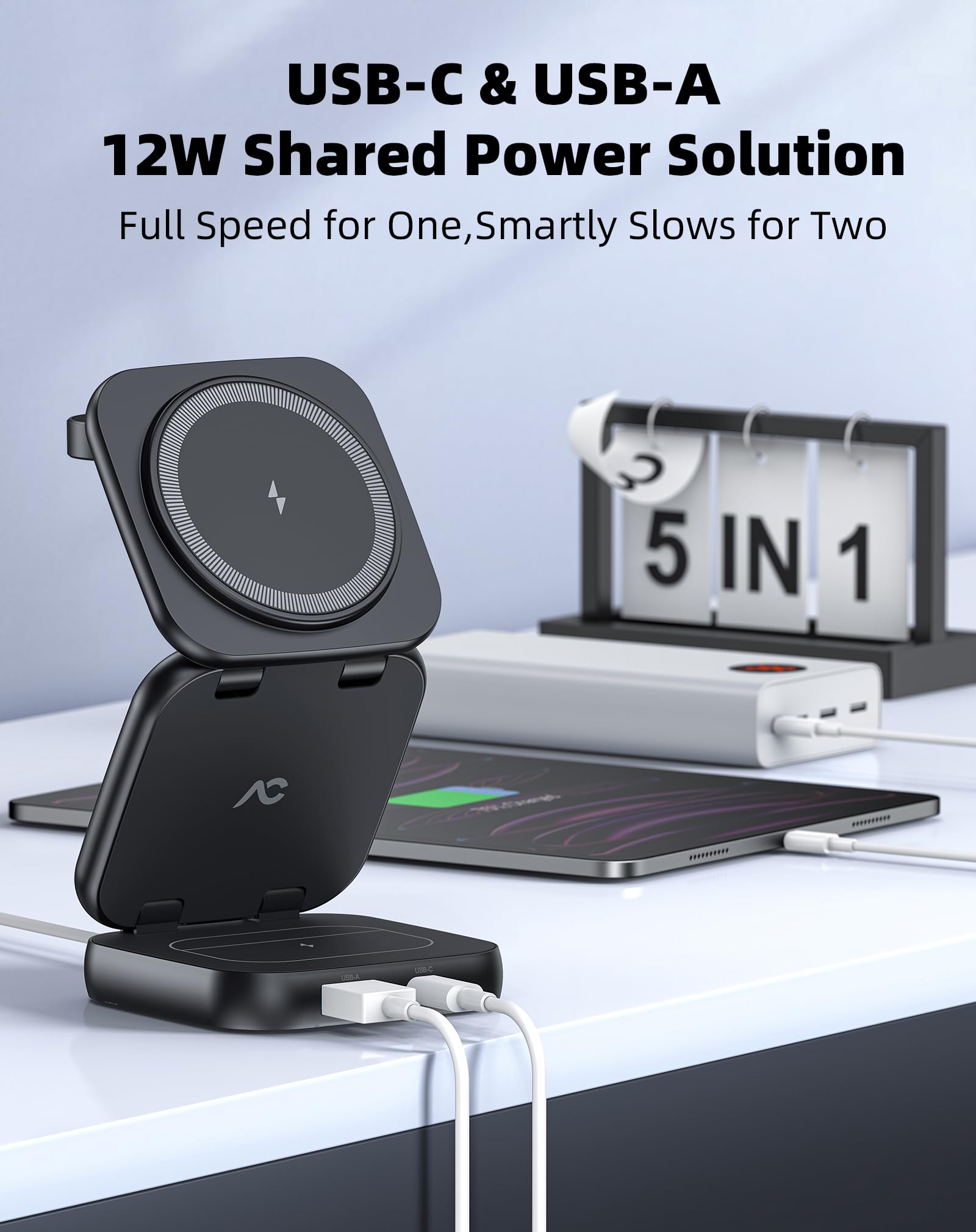 W7 Flip 5-in-1 Wireless Charger for Magsafe, Portable Charging Station, with 35W Adapter - Black