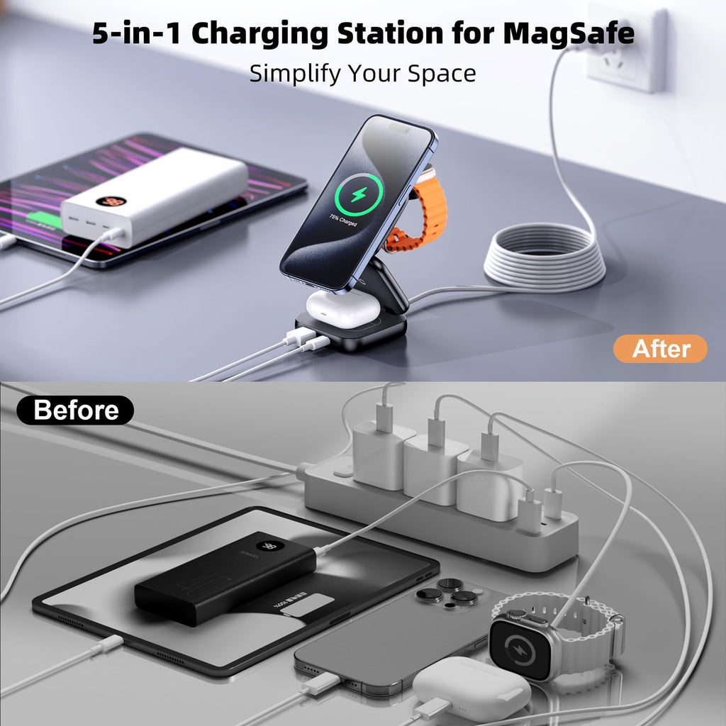 W7 Flip 5-in-1 Wireless Charger for Magsafe, Portable Charging Station, with 35W Adapter - Black