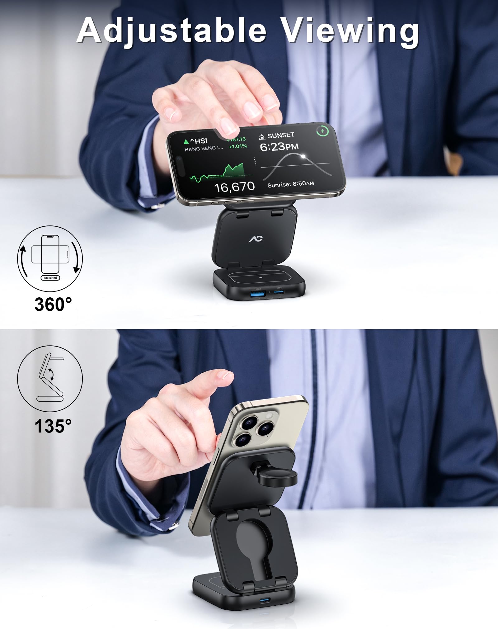 W7 Flip 5-in-1 Wireless Charger for Magsafe, Portable Charging Station, with 35W Adapter - Black