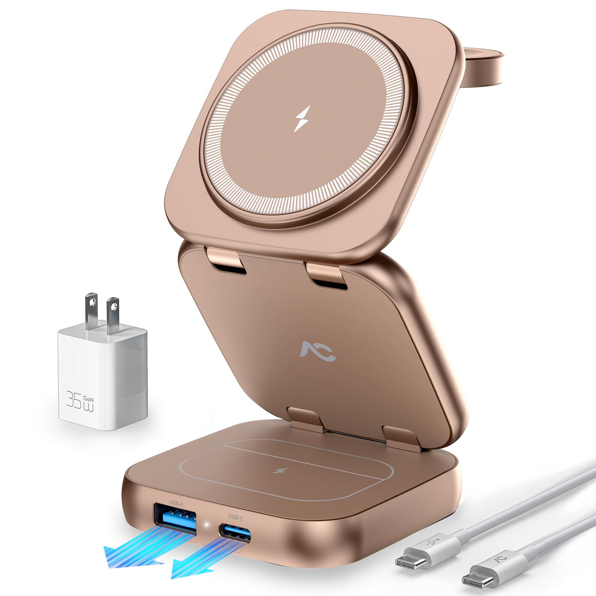 W7 Flip 5-in-1 Wireless Charger for Magsafe, Portable Charging Station, with 35W Adapter - Desert Titanium