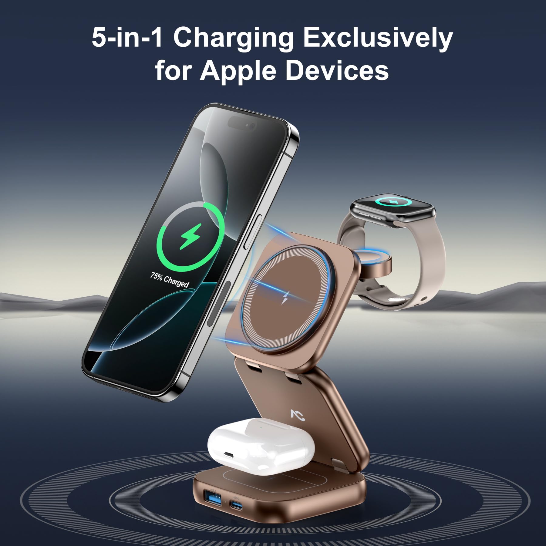 W7 Flip 5-in-1 Wireless Charger for Magsafe, Portable Charging Station, with 35W Adapter - Desert Titanium