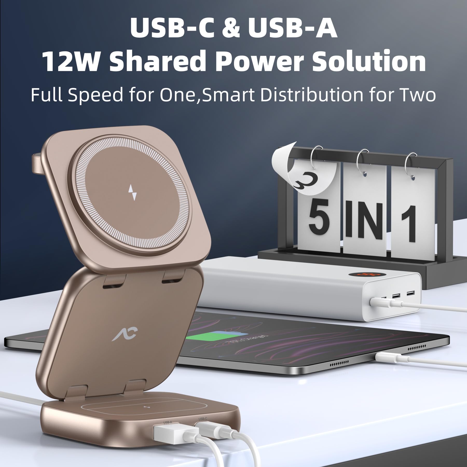 W7 Flip 5-in-1 Wireless Charger for Magsafe, Portable Charging Station, with 35W Adapter - Desert Titanium