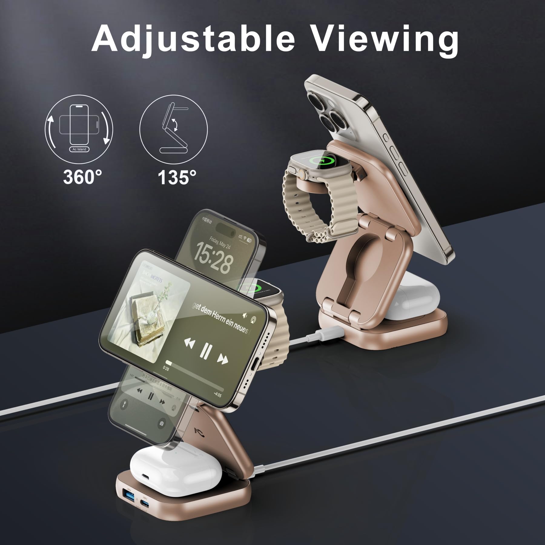 W7 Flip 5-in-1 Wireless Charger for Magsafe, Portable Charging Station, with 35W Adapter - Desert Titanium