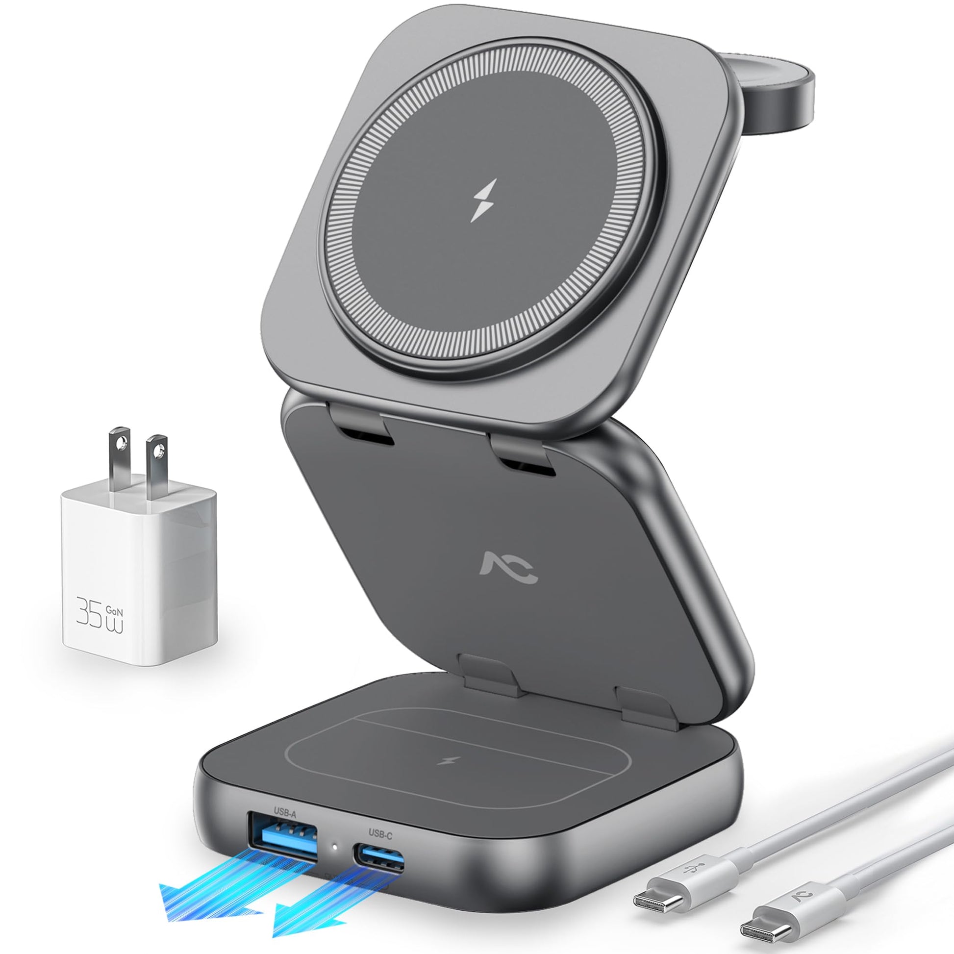 W7 Flip 5-in-1 Wireless Charger for Magsafe, Portable Charging Station, with 35W Adapter - Gray