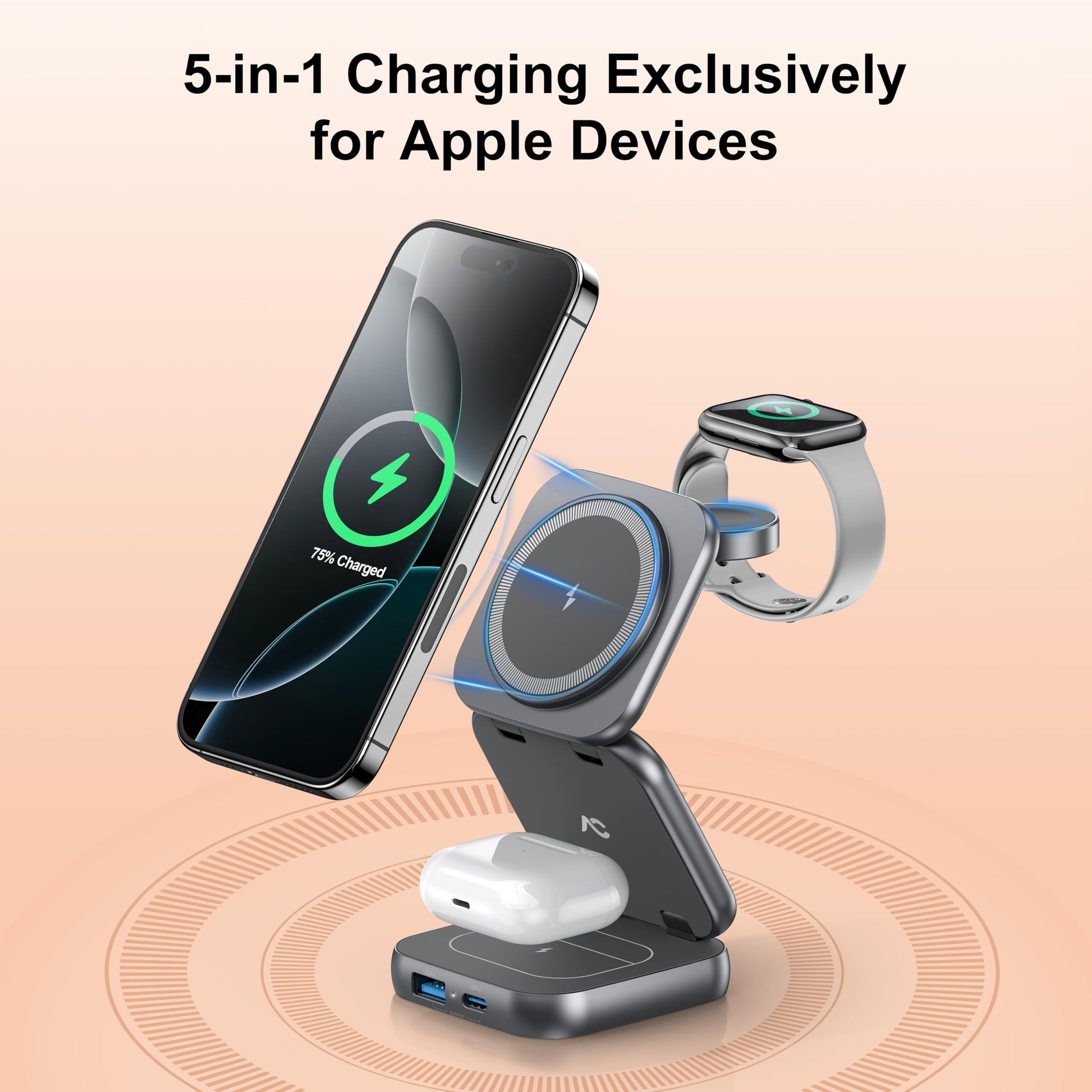 W7 Flip 5-in-1 Wireless Charger for Magsafe, Portable Charging Station, with 35W Adapter - Gray