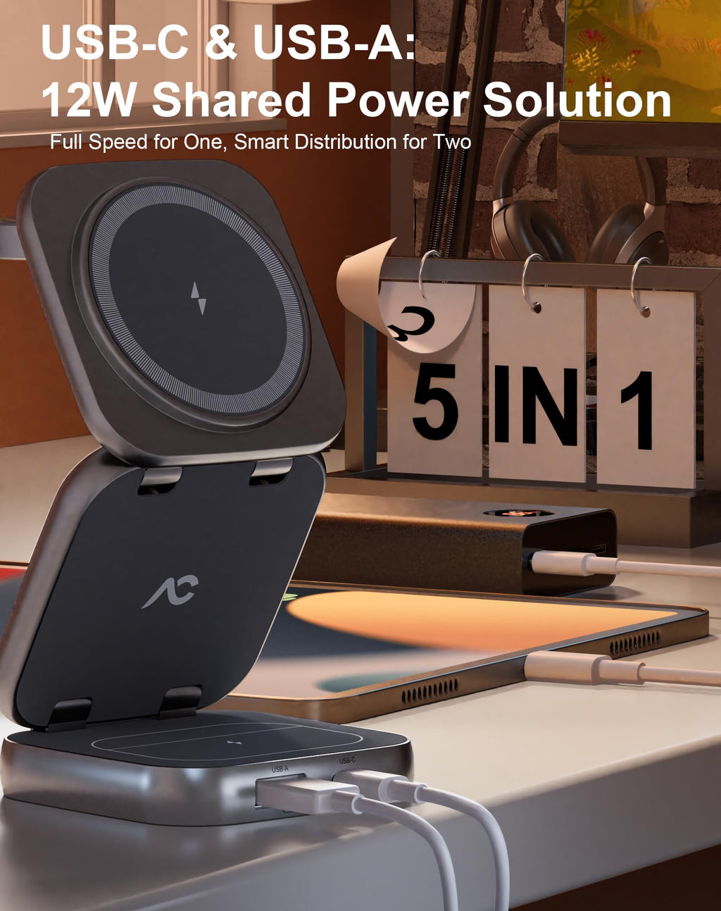 W7 Flip 5-in-1 Wireless Charger for Magsafe, Portable Charging Station, with 35W Adapter - Gray