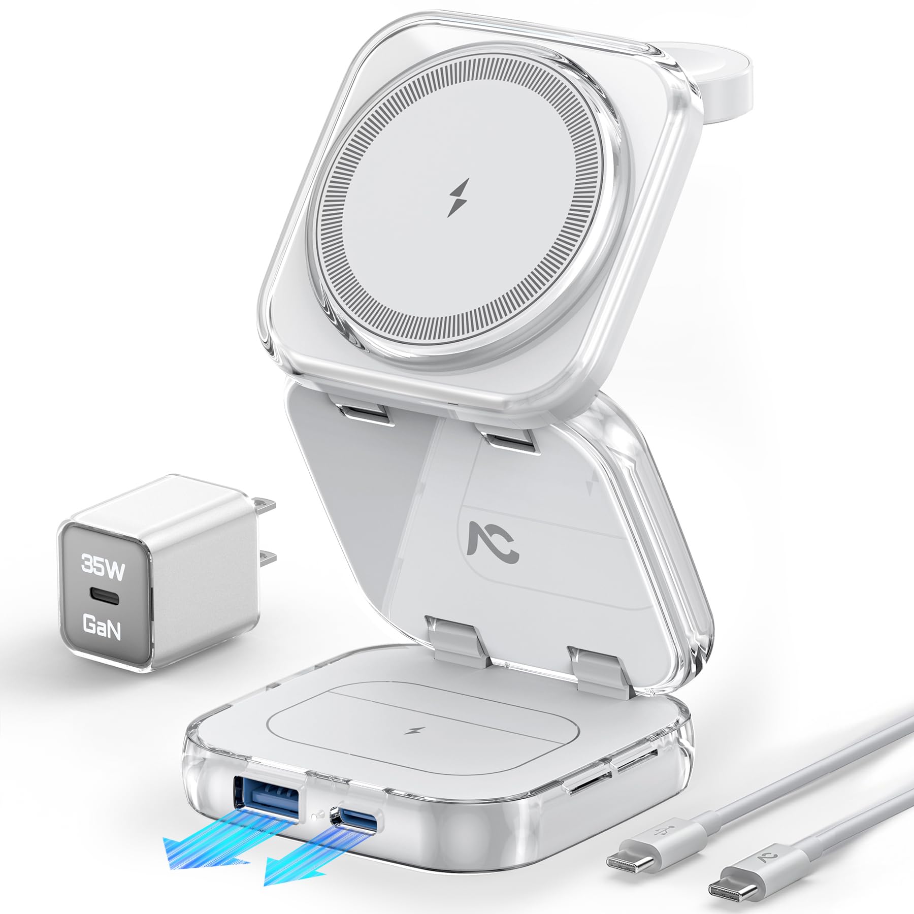 W7 Flip 5-in-1 Wireless Charger for Magsafe, Portable Charging Station, with 35W Adapter - WhiteCrystal