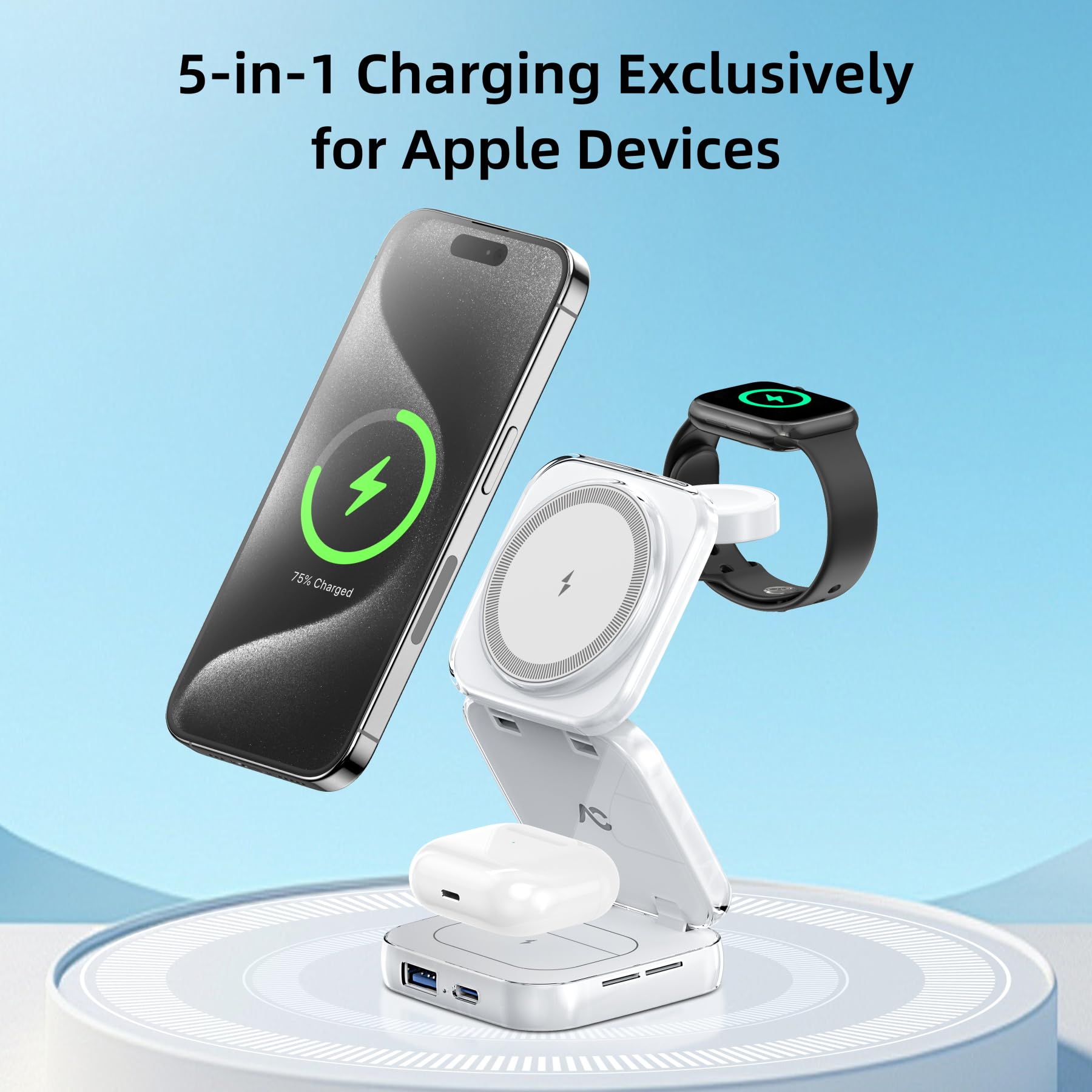 W7 Flip 5-in-1 Wireless Charger for Magsafe, Portable Charging Station, with 35W Adapter - WhiteCrystal