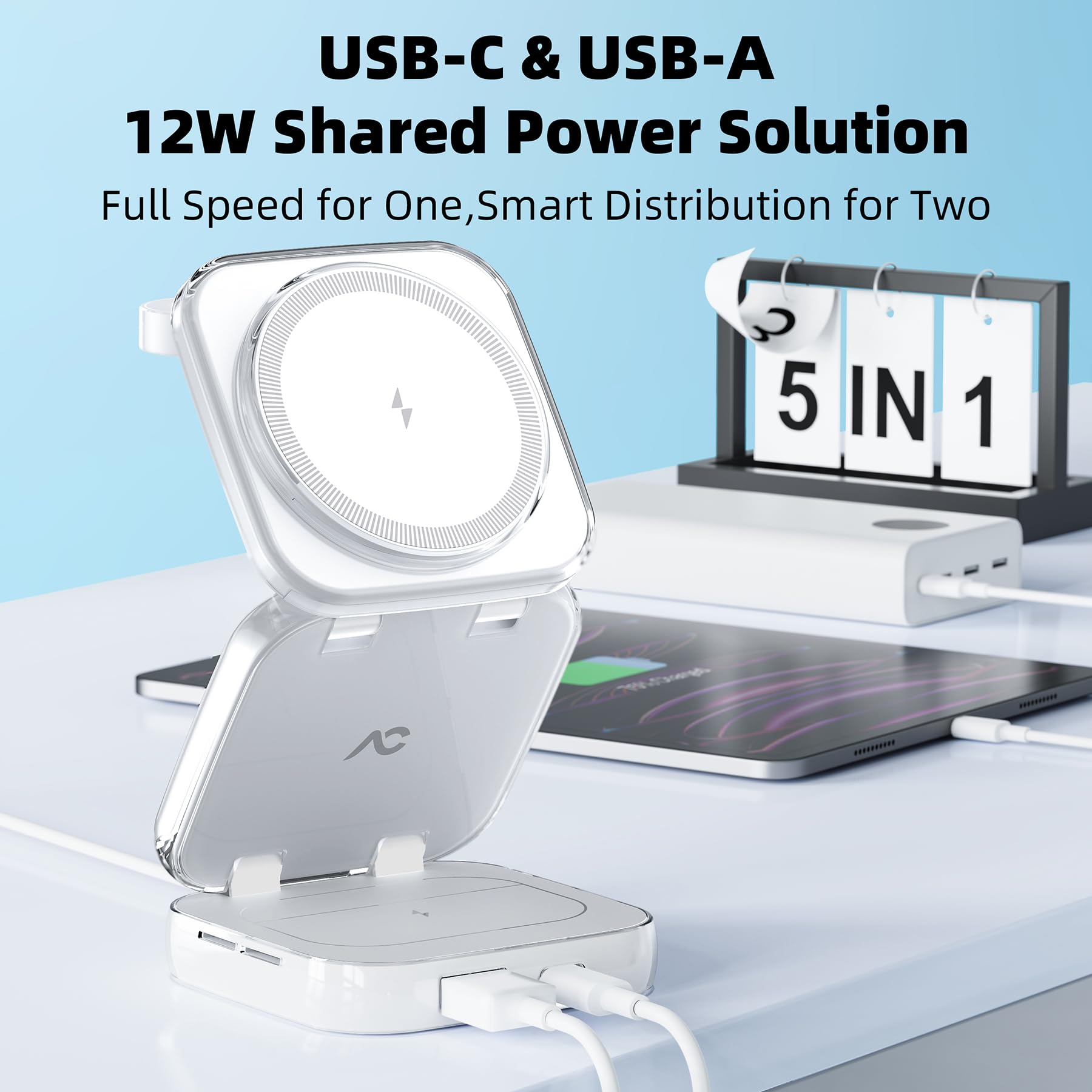 W7 Flip 5-in-1 Wireless Charger for Magsafe, Portable Charging Station, with 35W Adapter - WhiteCrystal