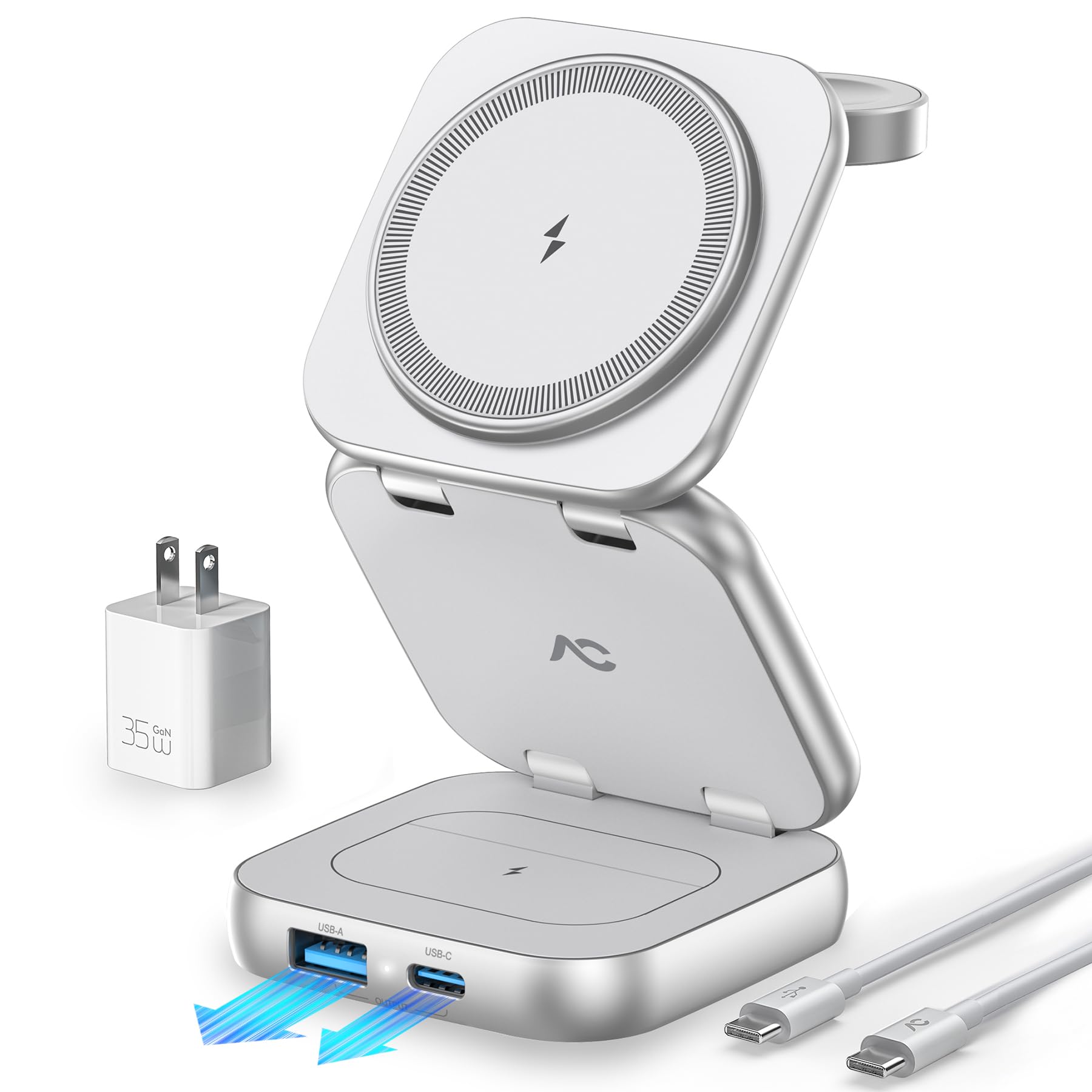 W7 Flip 5-in-1 Wireless Charger for Magsafe, Portable Charging Station, with 35W Adapter - Sliver