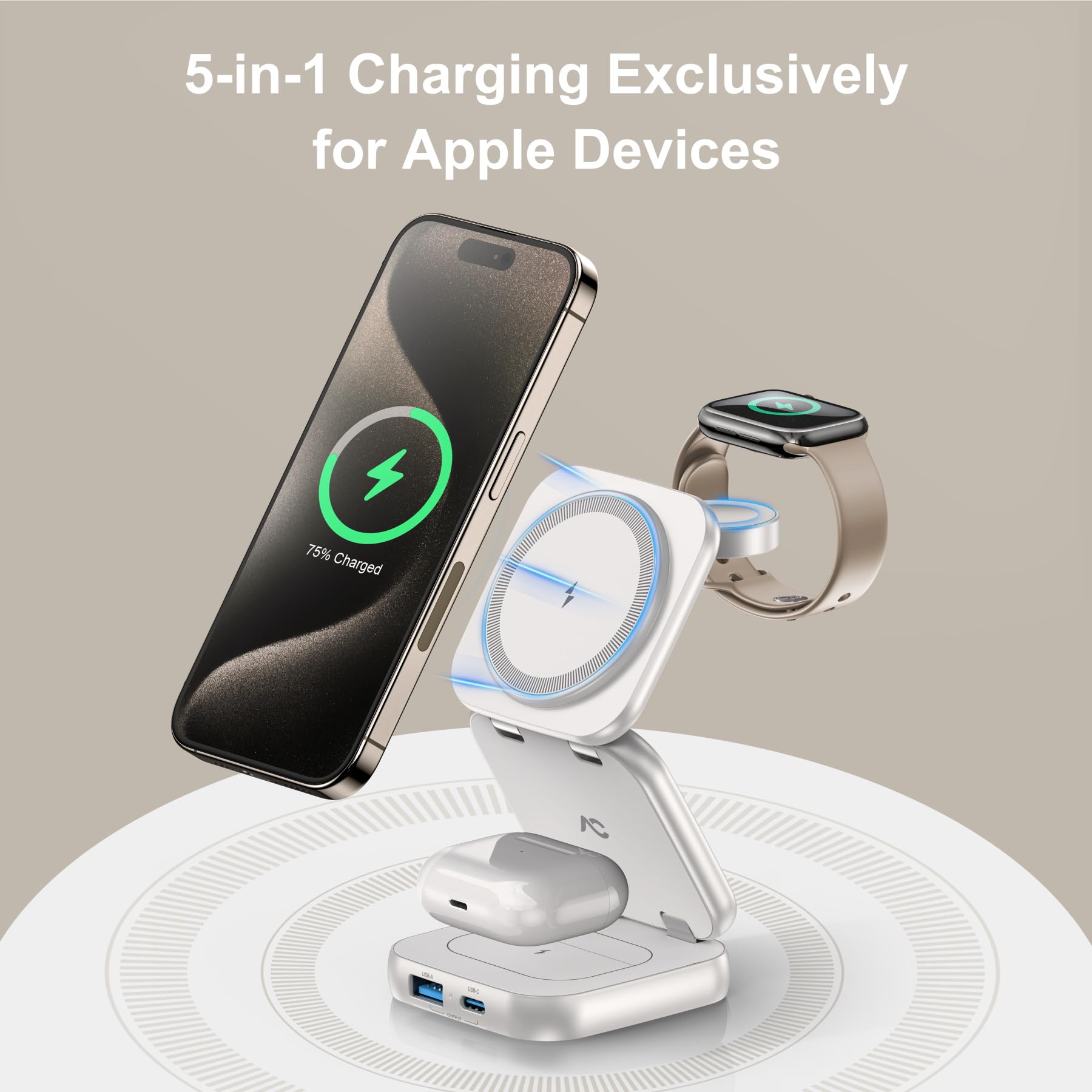 W7 Flip 5-in-1 Wireless Charger for Magsafe, Portable Charging Station, with 35W Adapter - Sliver