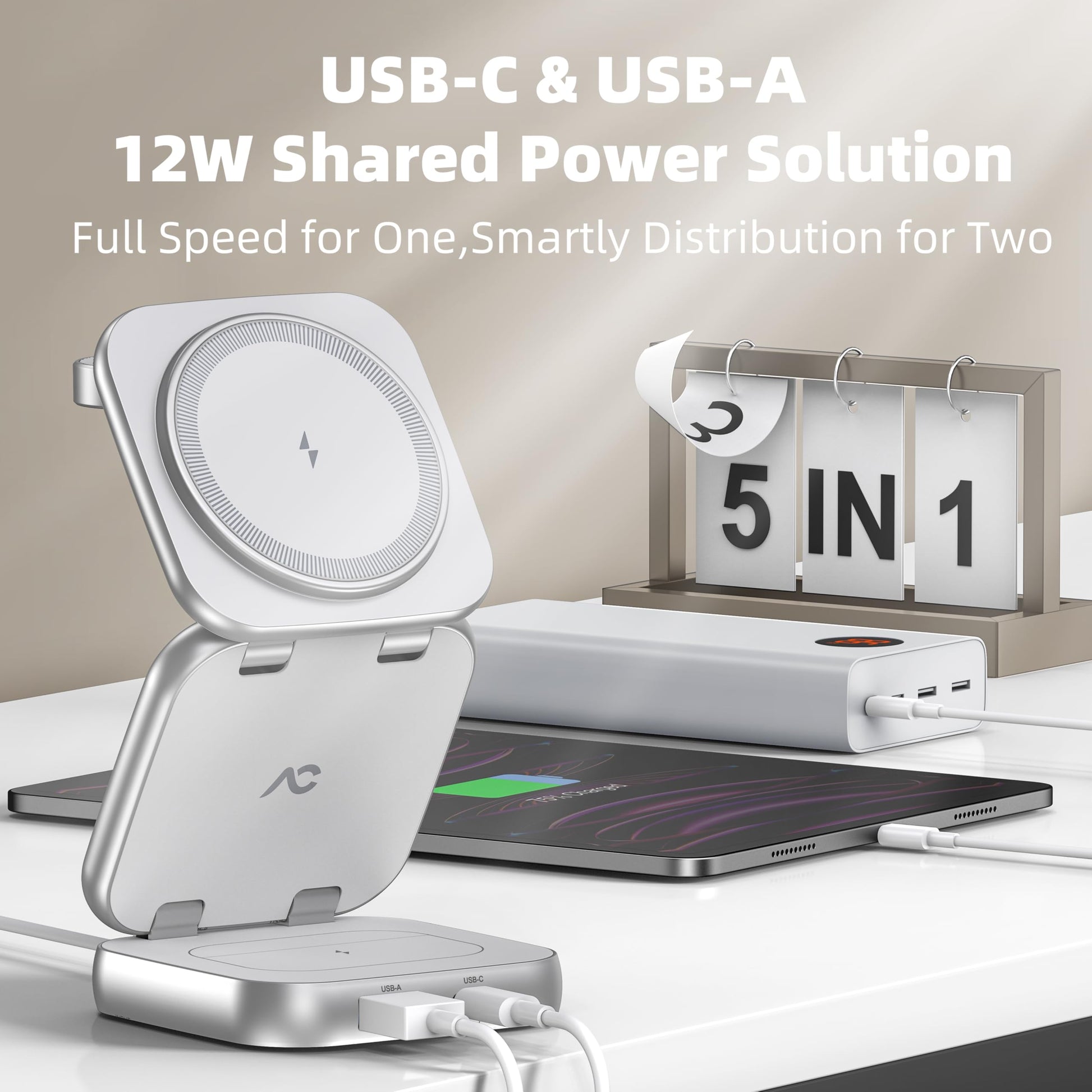 W7 Flip 5-in-1 Wireless Charger for Magsafe, Portable Charging Station, with 35W Adapter - Sliver
