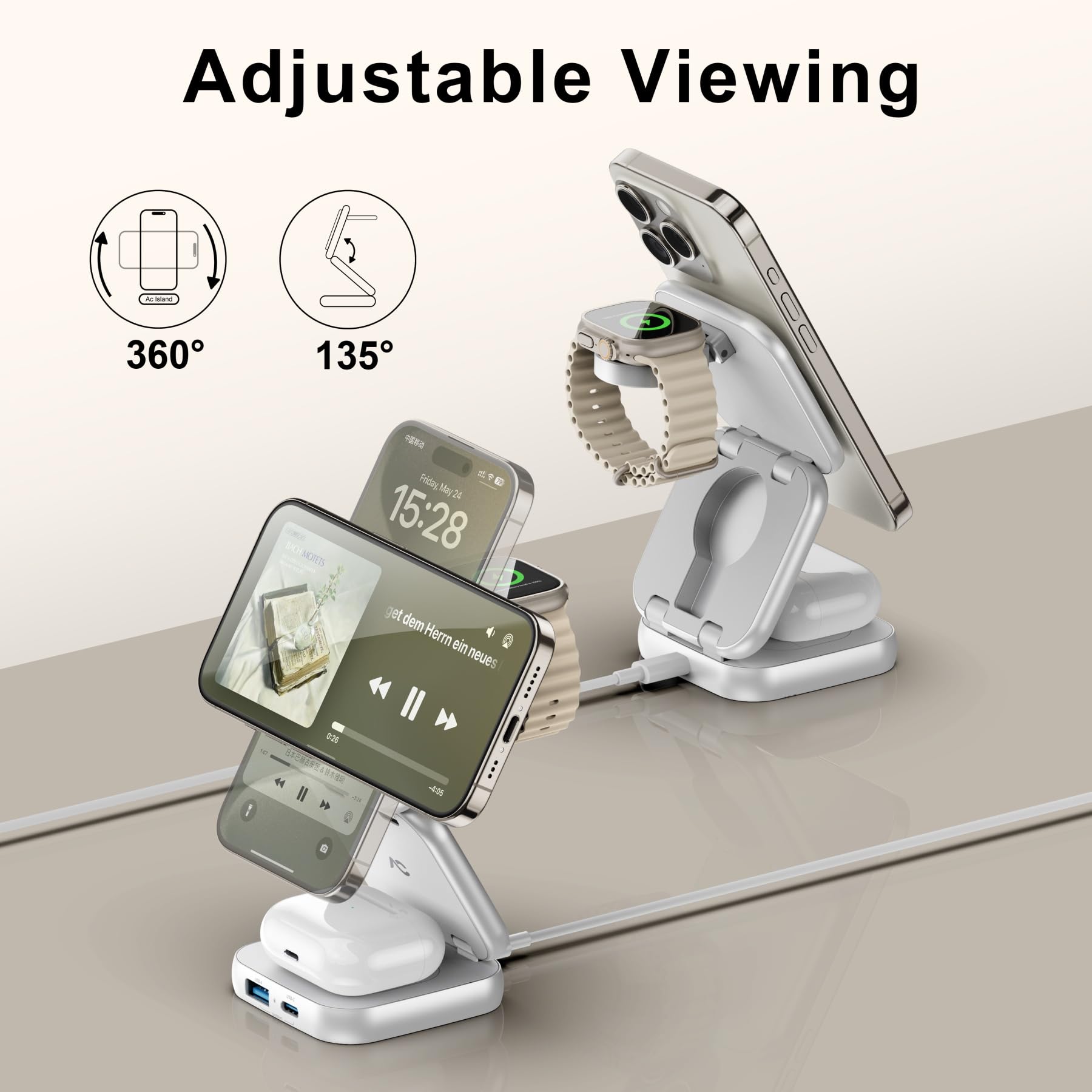 W7 Flip 5-in-1 Wireless Charger for Magsafe, Portable Charging Station, with 35W Adapter - Sliver