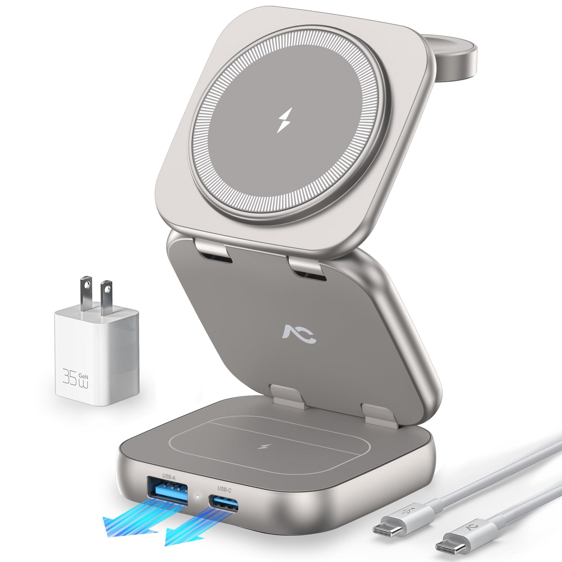 W7 Flip 5-in-1 Wireless Charger for Magsafe, Portable Charging Station, with 35W Adapter - Titanium