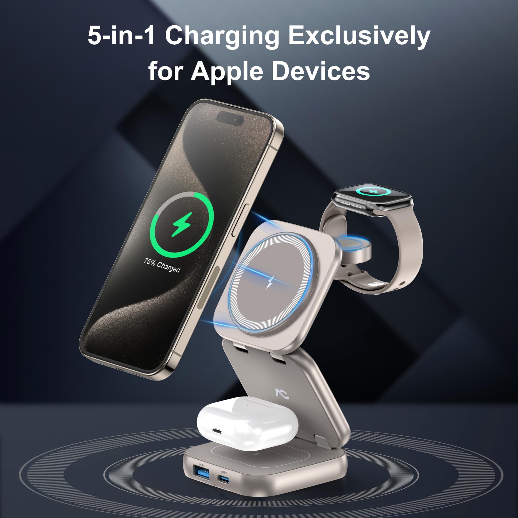 W7 Flip 5-in-1 Wireless Charger for Magsafe, Portable Charging Station, with 35W Adapter - Titanium