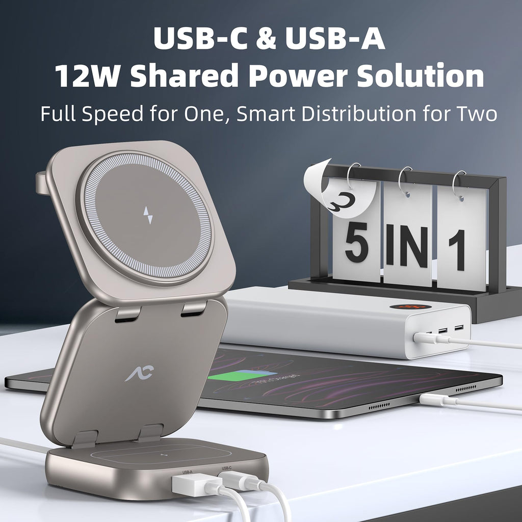W7 Flip 5-in-1 Wireless Charger for Magsafe, Portable Charging Station, with 35W Adapter - Titanium