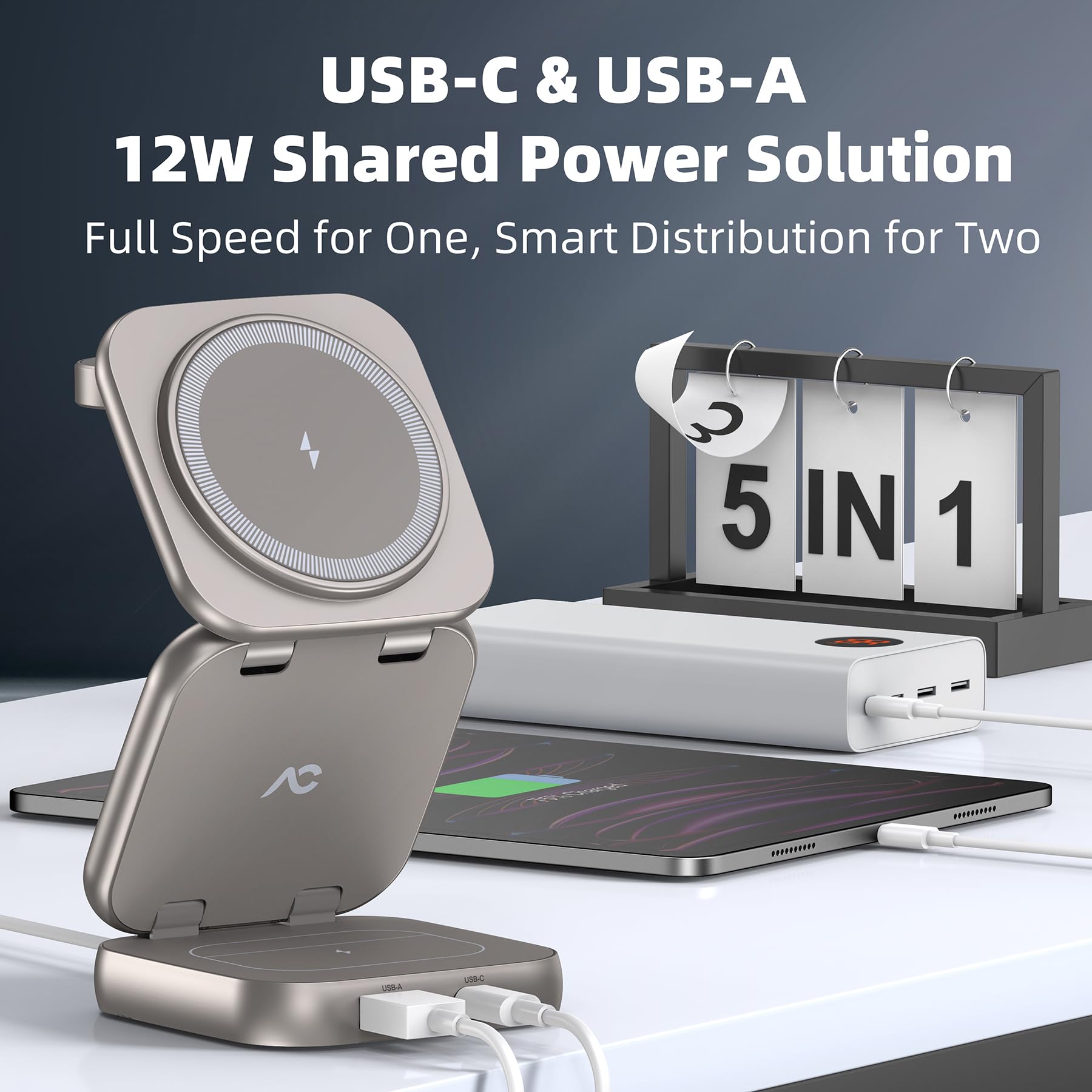 W7 Flip 5-in-1 Wireless Charger for Magsafe, Portable Charging Station, with 35W Adapter - Titanium