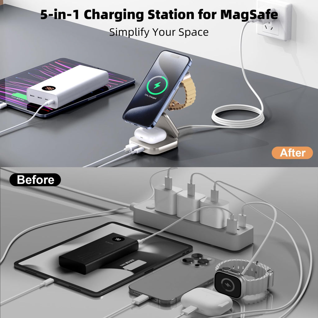 W7 Flip 5-in-1 Wireless Charger for Magsafe, Portable Charging Station, with 35W Adapter - Titanium
